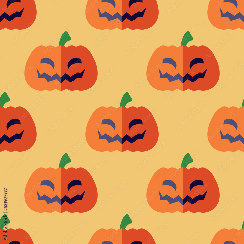 Halloween concept. Vibrant vector seamless pattern of creepy pumpkin on yellow background. Perfect for wrapping, wallpapers, postcards, web sites, shops Halloween concept. Vibrant vector seamless pattern of creepy pumpkin on yellow background. Perfect for wrapping, wallpapers, postcards, web sites, shops