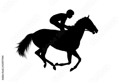 black flat image of a horse jockey isolated on a white background © Dikkens