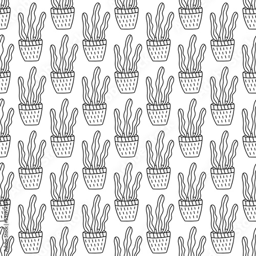 Seamless pattern with cute cactus in a pot. Black and white vector doodle cacti illustration hand drawn. Wrapping or textile print. Paper art template © Ольга Е