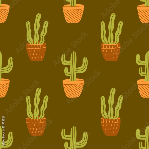 Seamless pattern with cute green cactus in a pot. Colorful vector doodle cacti illustration hand drawn. Wrapping or textile print. Paper art template. Brown background © Ольга Е