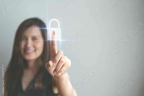Cyber security and data protection information privacy internet technology concept, People use smartphone digital on visual screen show padlock protecting data, password and login. photo