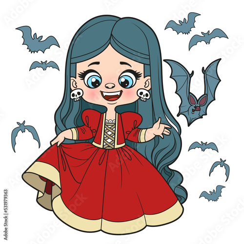 Cute cartoon long haired girl in a Halloween vampire costume with bats around color variation for coloring page on white background