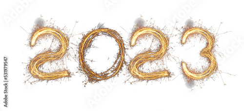 New Year 2023 light. Sparklers draw figures 2023. Bengal lights and letter photo