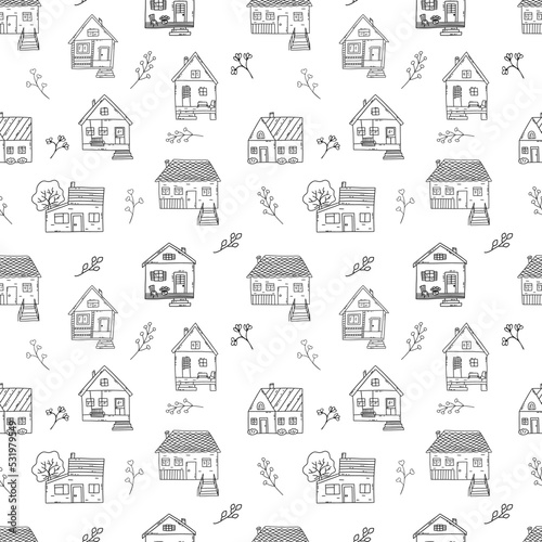 Seamless pattern with small cute houses with sprigs of different plants. Sweet home. Black and white vector doodle illustration print. Wrapping or textile. Paper art template