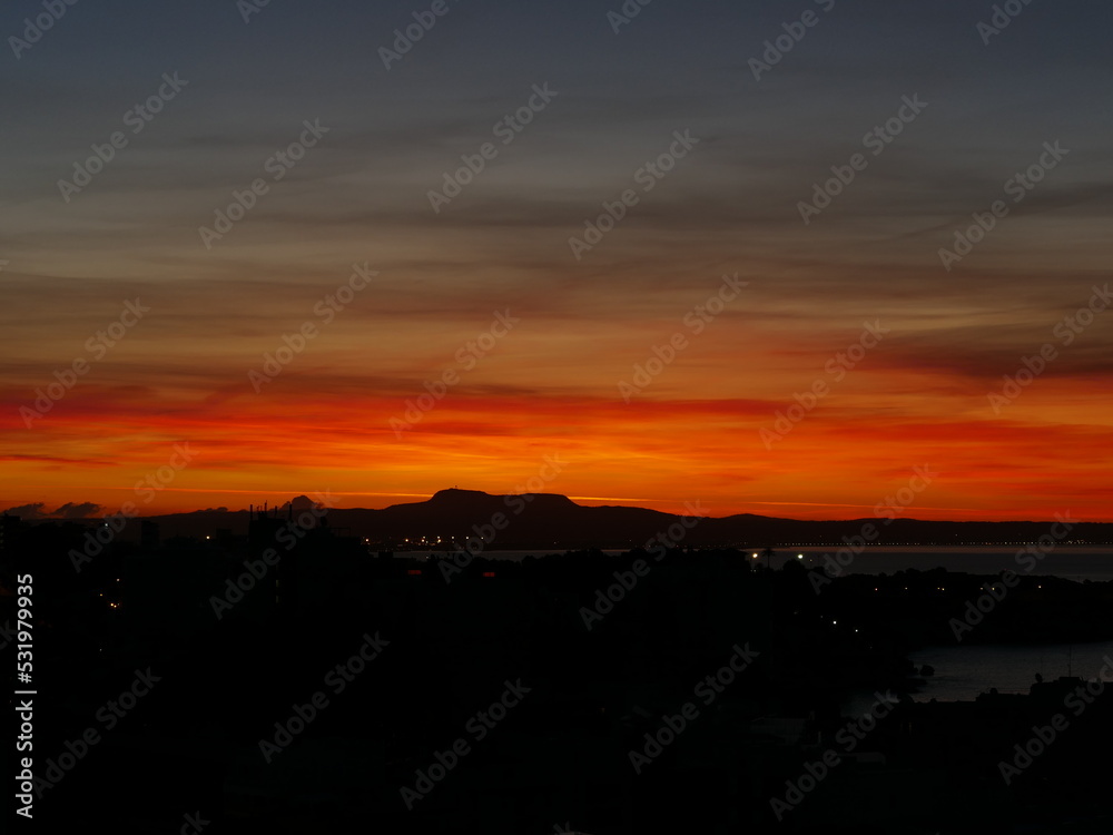 Sunrise in front of Cala Mayor and the Bay of Palma, Mallorca, Balearic Islands, Spain