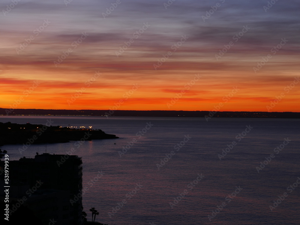 Sunrise in front of Cala Mayor and the Bay of Palma, Mallorca, Balearic Islands, Spain