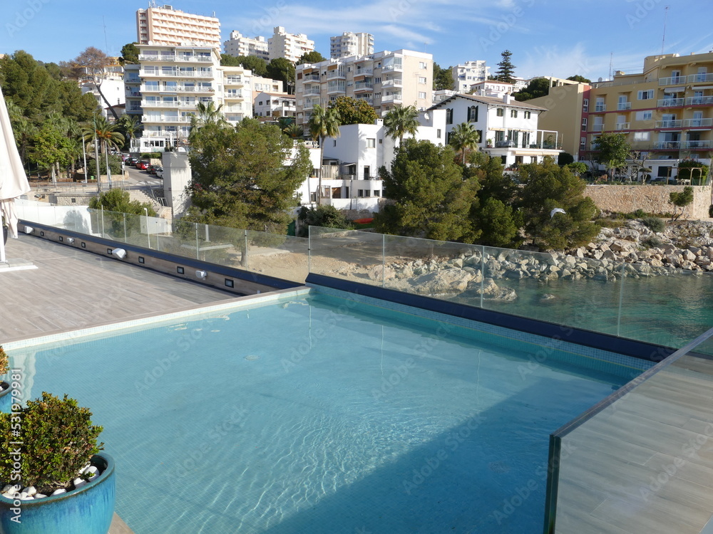 View of Cala Mayor, Mallorca, Balearic Islands, Spain, with the pool of the pier in front