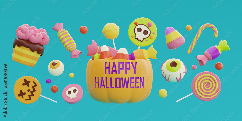 Happy Halloween with Jack-o-Lantern pumpkins basket full of colorful candies and sweets floating, 3d rendering.
