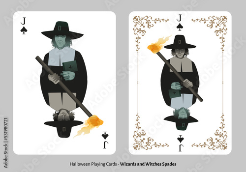 Halloween playing cards. Spades Jack. Man wearing Puritan garb from the 18th or 19th century carrying a religious book. Witch hunter carrying a burning torch.