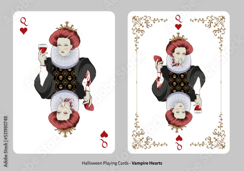 Halloween playing cards. Hearts Queen. Lady wearing old clothes holding a glass of wine. Vampire holding bloody heart with evil smile photo