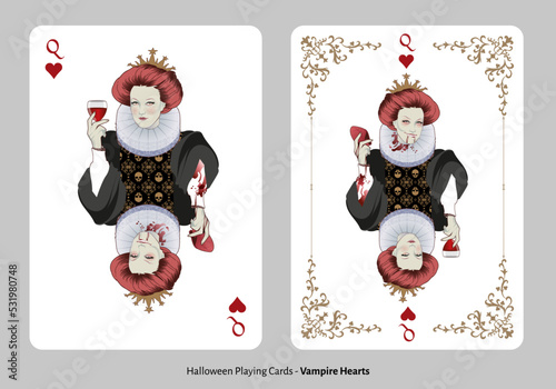 Halloween playing cards. Hearts Queen. Lady wearing old clothes holding a glass of wine. Vampire holding bloody heart with evil smile