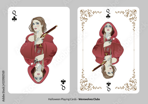 Halloween playing cards. Clubs Queen.Girl with a 17th century gun and a girl wounded by a wolf bite, wearing a red hood and holding a bunch of flowers, isolated on a white background.