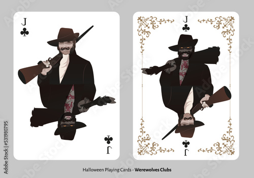 Halloween playing cards. Clubs Jack. Hunter with hat and mustache carrying shotgun on his shoulder dressed as in the 17th and 18th centuries. Terrifying werewolf carrying goat leg on his shoulder.