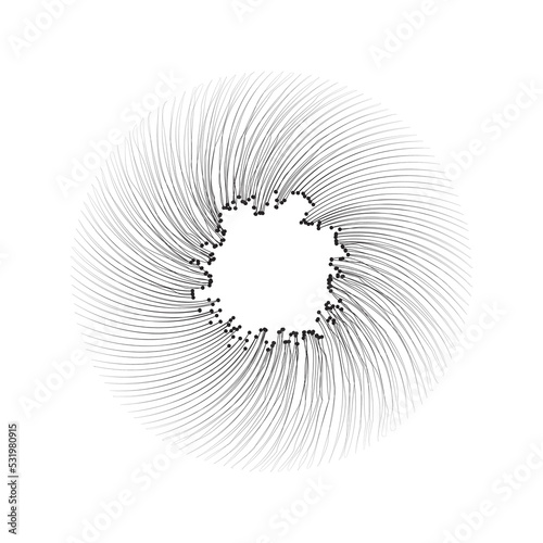 Black thin lines with dot circles swirl around. Isolated on white background. Abstract clipart.