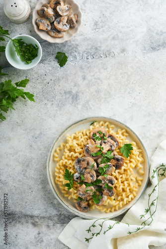 Fusilli pasta with mushrooms, cheese and garlic creamy sauce on plate on on grey stone or concrete table background. Top view. Traditional Italian cuisine.