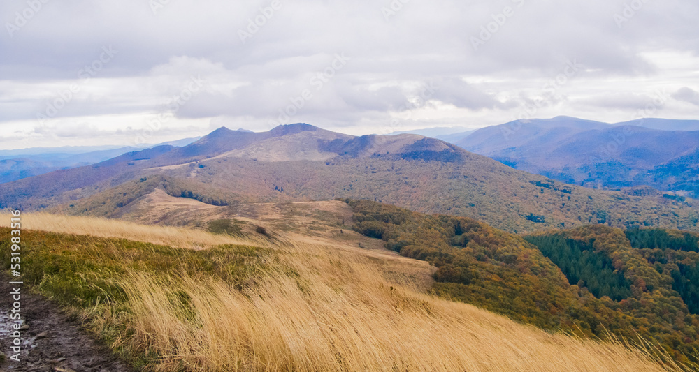 Bieszczady peaks and valleys in autumn.