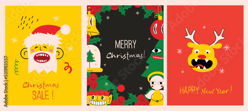 Merry Christmas and Happy New Year 2023. Vector trendy abstract illustrations of holiday card with santa claus, deer, crazy geometric shapes, christmas tree and wreath for poster.