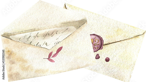 A delicate watercolor envelope with a letter. Vintage composition.