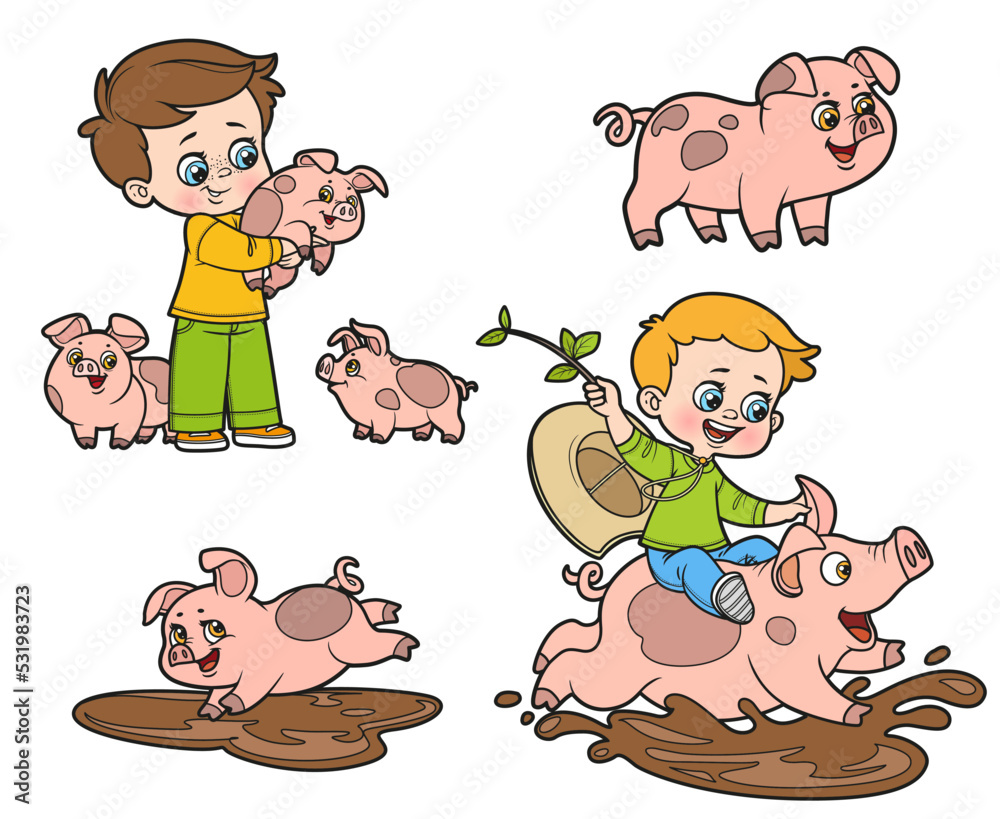 Fototapeta premium Cute cartoon boys play with pigs and pigs separately color variation for coloring page
