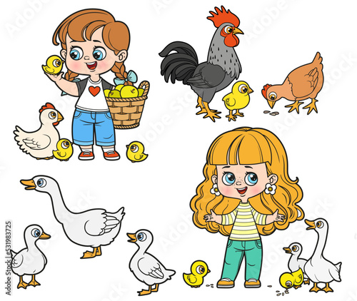 Cute cartoon girls play with chickens and geese color variation for coloring page