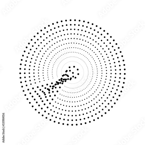 Abstract clipart. Black dots swirl around. Isolated on white background.