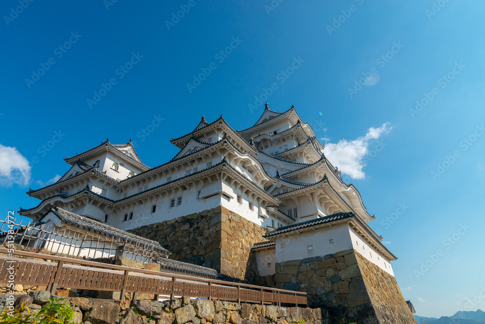 Himeji Castle fortification against blue skies in Himeji, Hyogo Prefecture, Japan. Himeji Castle fortification against blue skies in Himeji, Hyogo Prefecture, Japan.