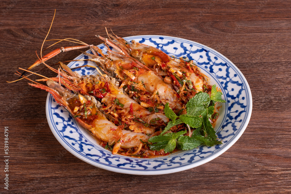 Roasted big river shrimp on the white plate Roasted big river shrimp on the white plate