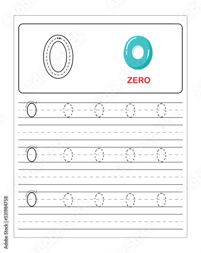 Numbers tracing worksheet with illustrations. Number 0