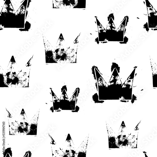 Small black ink crowns isolated on white background. Monochrome royal seamless pattern. Vector simple flat graphic hand drawn illustration. Texture.