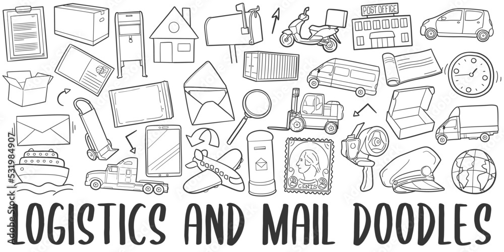 Logistics Doodle Banner Icon. Mail Vector Illustration Hand Drawn Art. Line Symbols Sketch Background.