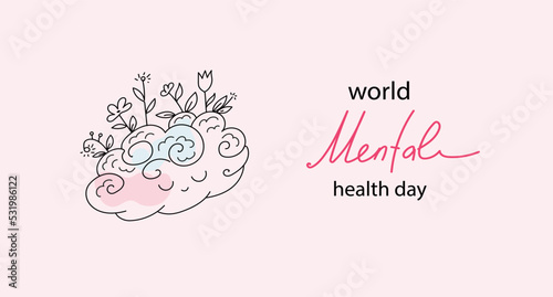 Vector world mental health day poster doodle hand drawn style illustration.