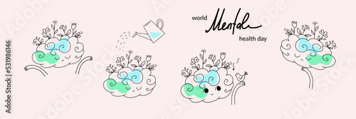 Vector world mental health day poster doodle hand drawn style illustration.