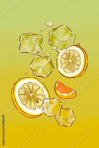 thin slices of sliced lemon with ice cubes, refreshing yellow