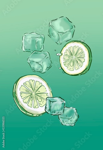 thin wedges of sliced lime with ice cubes, refreshing greens