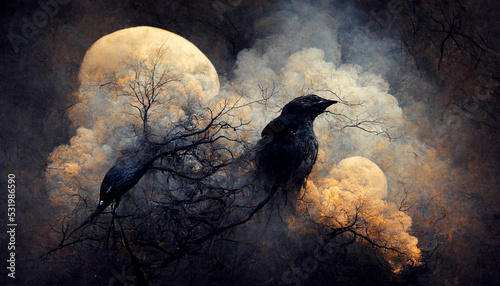 Fotografie, Obraz 3d illustration of a black crow emerging from smoke in a dark forest at full moon