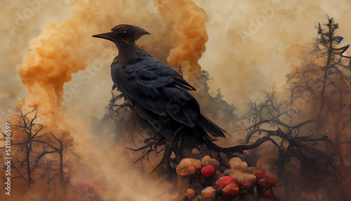3d illustration of a black crow emerging from smoke in a dark forest at full moon.
