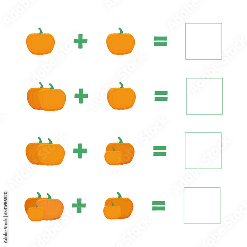 An educational game for children, an additional task by counting and summing pictures with cartoon pumpkins.  Vector illustration. Count the number .