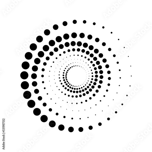 Black circles from a dot in a spiral. Isolated on white background.