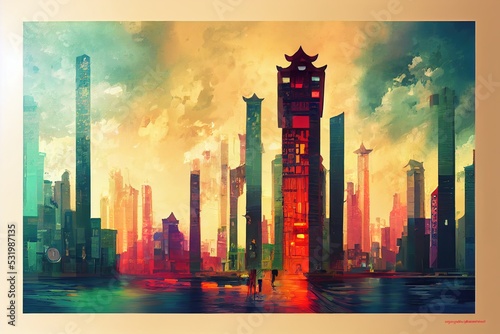 2d stylised painting like illustration of George Town abstract city high quality abstract 2d ilustration.