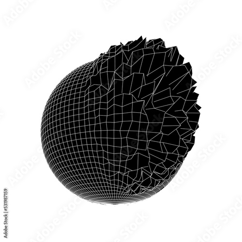 Futuristic sphere 3d figure with a white grid with lines inside. Isolated on white background. Geometric figure clipart.