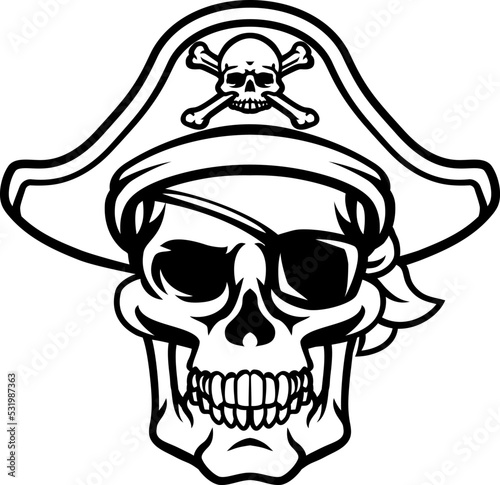 A pirate skull and crossbones jolly roger grim reaper cartoon wearing captain a hat and eye patch