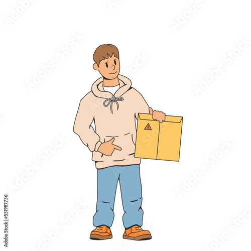 Young man, delivery man. Holds an envelope, a package in his hand. Smiling and pointing at the envelope. The concept of fast delivery of parcels to the house. Order delivery stock vector illustration.