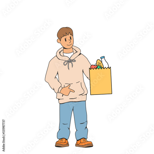 Friendly young man, courier. He holds a bag of groceries in his hand. The concept of fast food delivery to your home. Modern stock vector illustration of food delivery. Isolated white background.