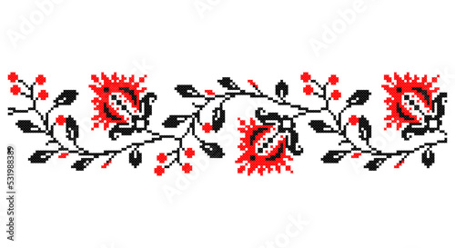 Embroidered good like old handmade cross-stitch ethnic Ukraine pattern. Ukrainian towel ornament, rushnyk called, vector.