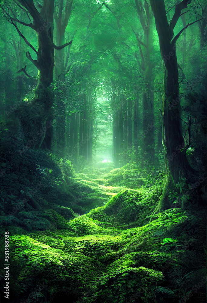 Path to another dimension. In a dense green forest. The leaves on the trees are green. The whole earth is covered with green grass. 3D illustration.