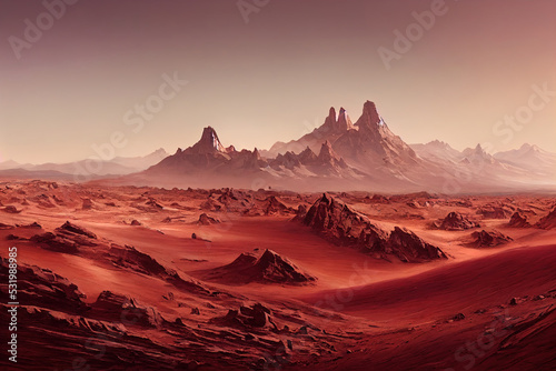 Landscape on the planet Mars  surface is a picturesque desert on red planet. Background of space game  cover  poster with red earth  mountains  stars  3d artwork