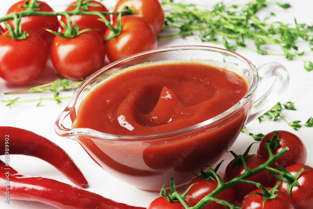Composition of a gravy boat filled with delicious tomato sauce, a branch of fresh cherry tomatoes, thyme, fresh chilli on a wooden background. Fresh garlic, close-up. Composition of a gravy boat filled with delicious tomato sauce, a branch of fresh cherry tomatoes, thyme, fresh chilli on a wooden background. Fresh garlic, close-up.