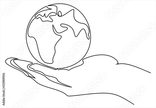 Continuous one line drawing. hand holding Earth globe.