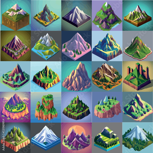 Low poly mountains landscape vector . set