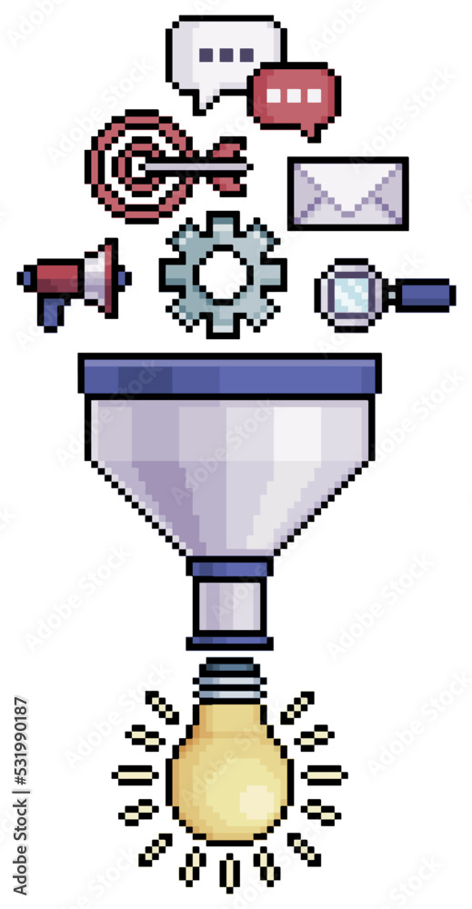 Pixel art ideas funnel, sales marketing funnel vector icon for 8bit ...